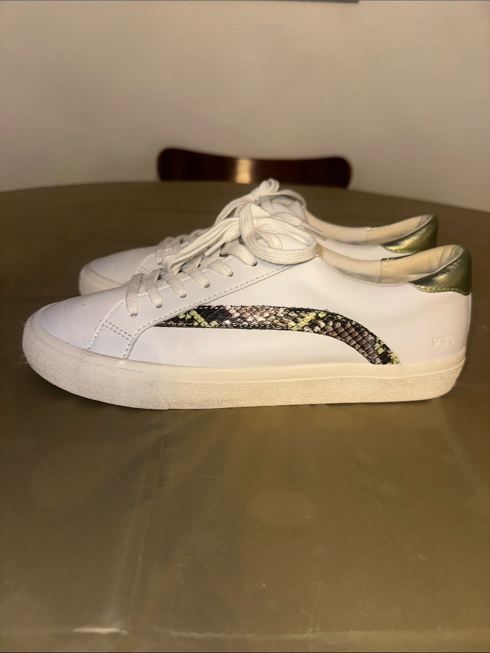Women’s Madewell White Sneakers with Snakeskin Stripe and Metallic Gold Heel